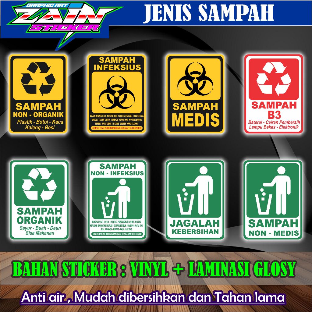 

Stiker vinyl anti air JENIS SAMPAH INFEKSIUS - MEDIS - ORGANIK - LIMBAH B3 -JAGALAH KEBERSIHAN laminasi glossy