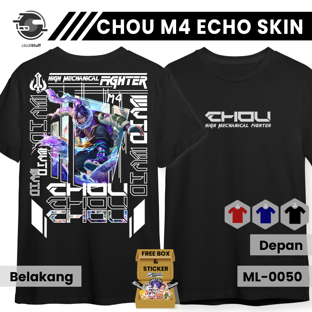 Kaos MLBB CHOU M4 SKIN ECHO Mobile Legends MLBB Lengan Pendek Hitam Combed 24s Distro