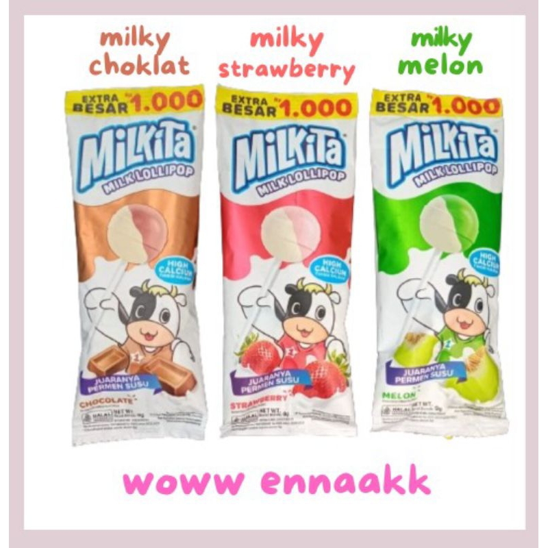 

Milkita permen Susu Lolipop Renceng Rasa Coklat, Strawbery, Melon isi 30 pcs