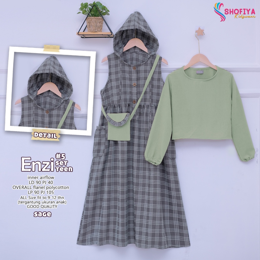 Enzi One Set Gamis Anak Perempuan Tanggung Motif Kotak Usia 7-12 Tahun Bahan Airflow dan Flanel Dres