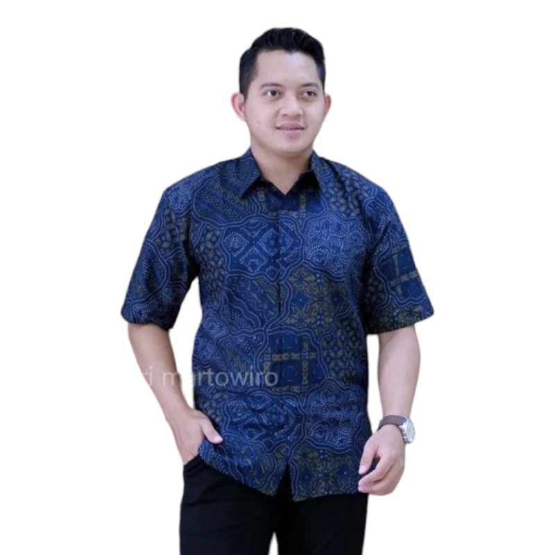Batik Pria Biru  Lengan PENDEK Dongker Navy Reguler Fit Keris Modern Premium Baju Atasan Batik Cowok