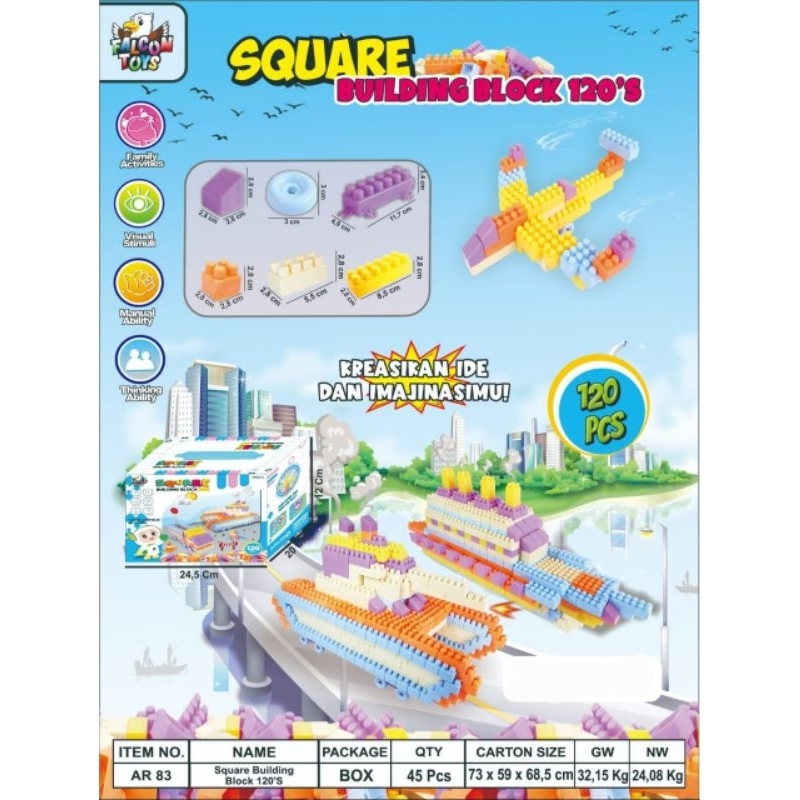 Mainan Edukasi Balok Susun Anak 120 Pcs DIY Brick Block Bricks Block Jumbo Square Building Block