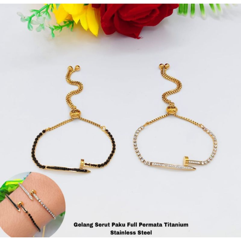 gelang tangan serut paku full permata titanium