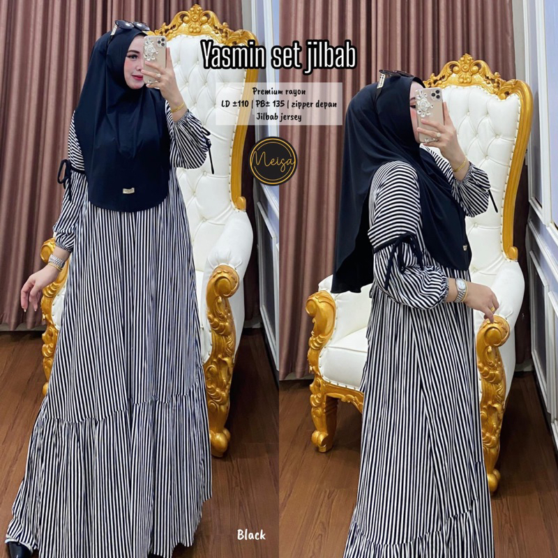 Setelan Gamis Wanita Motif Salur Free Hijab Yasmin Set Hijab BY Meisa Baju Muslim Motif Cantik Gamis