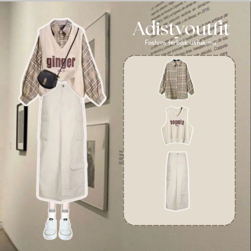 Oneset,Outfit,Korea,Ulzzang,3in1(vest cream rok)