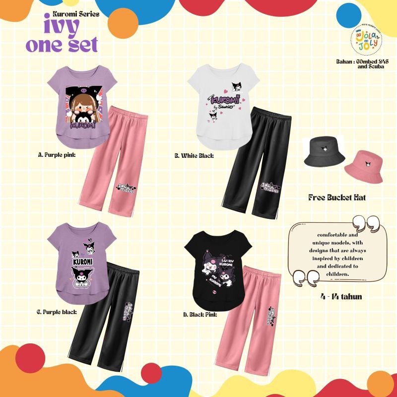 ONE SET IVY KUROMI / SETELAN ANAK KUROMI FREE BUCKET HAT BY JOLA JOLY