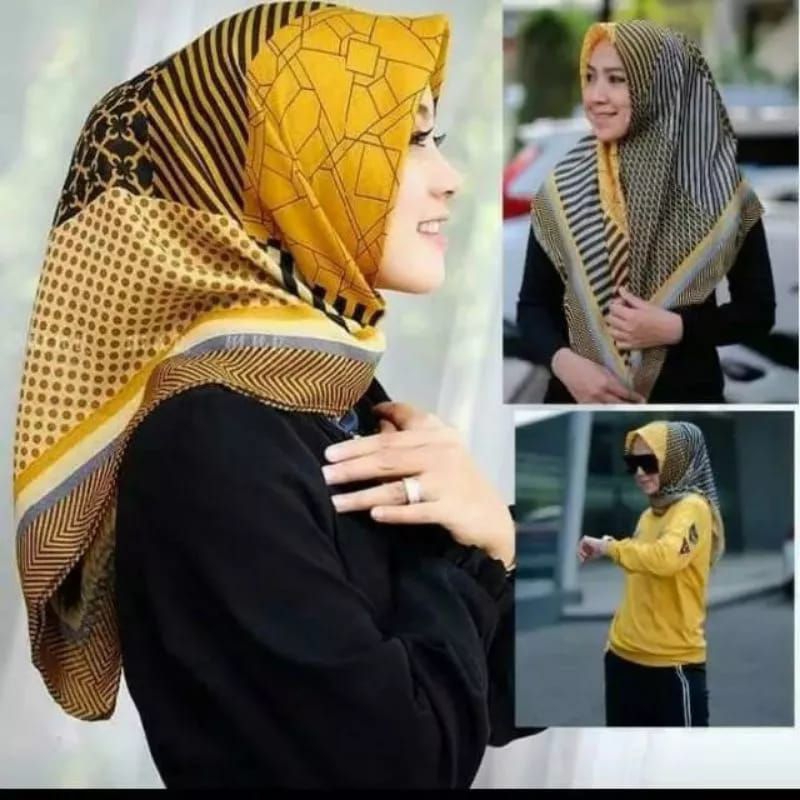 Hijab segi empat Deska kuning hitam voal motif Deenay kw