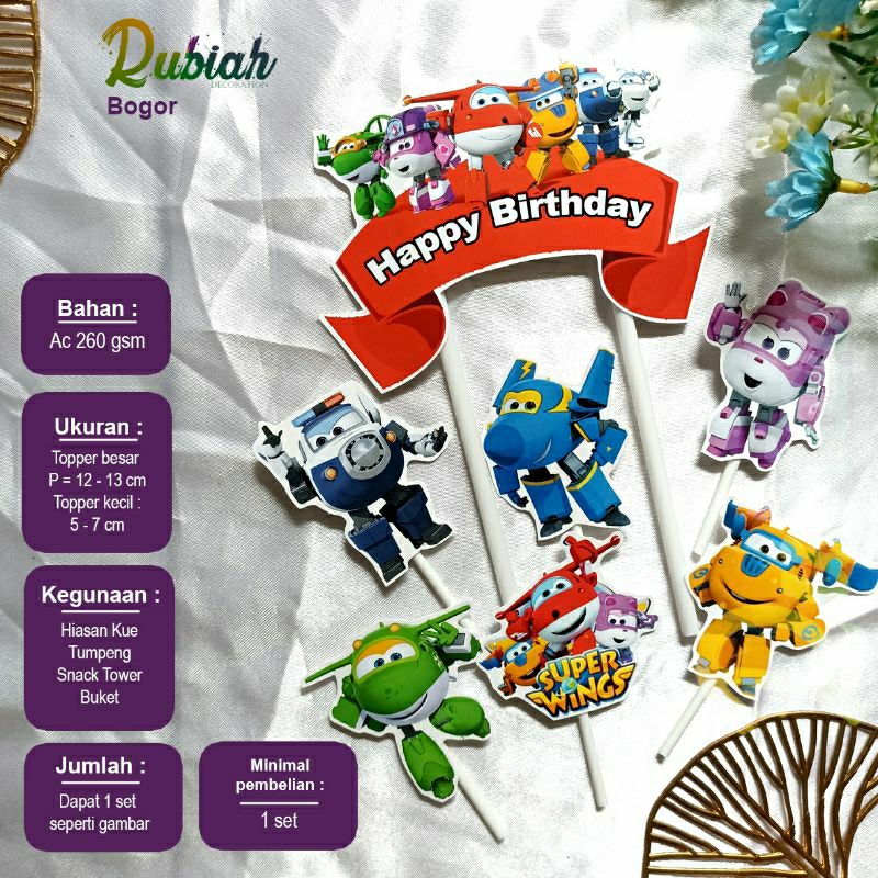 Topper cake plus karakter Pesawat 1 set Hiasan kue Tusukan kue Tart Ulang Tahun Anak Super Wings Jet