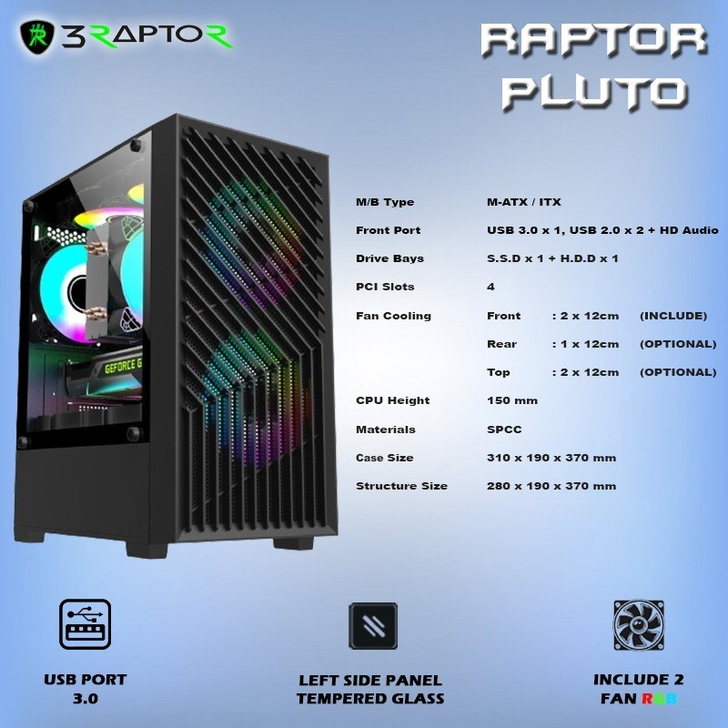 CASING GAMING RAPTOR PLUTO M-ATX + 2 FAN RGB | 3RAPTOR CASE PC