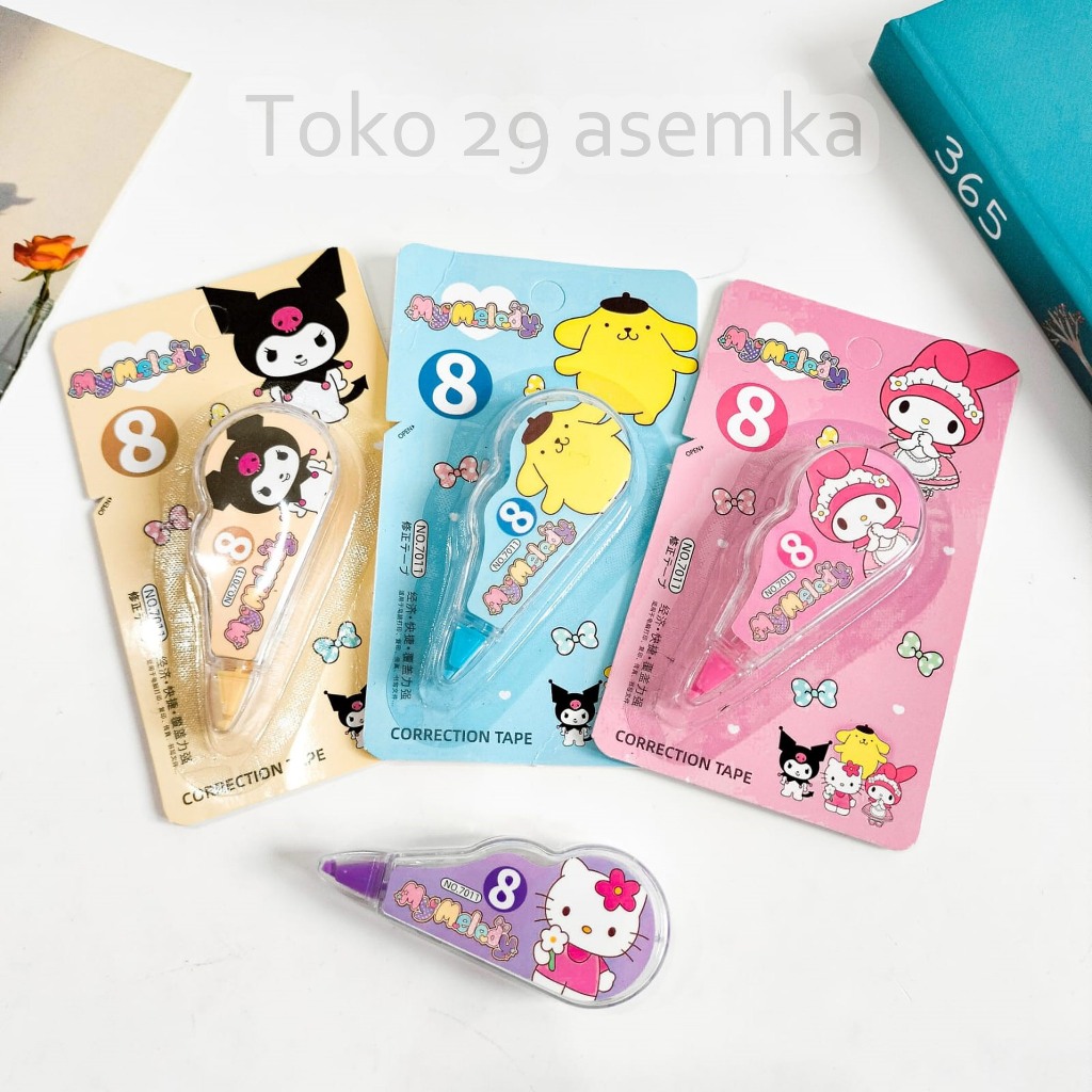 

CORRECTION TAPE SANRIO TIP X TIPEX CORRECTOR KERTAS PENGHAPUS PULPEN KARAKTER LUCU KUROMI, HELLOKITTY, MELODY, PURIN