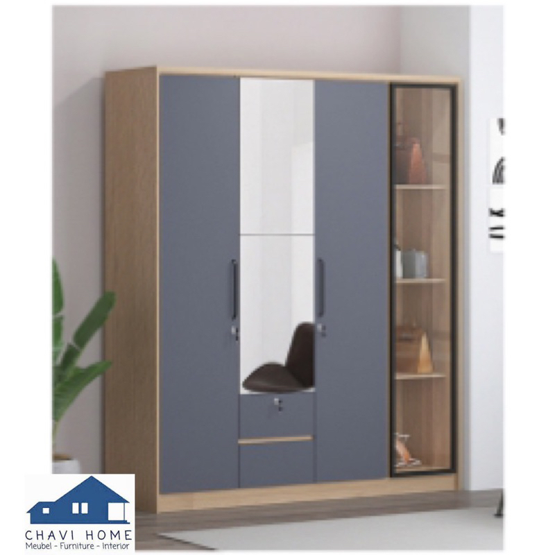 lemari pakaian lemari baju 4 pintu dengan rak sepatu/ rak tas kaca samping minimalis mewah