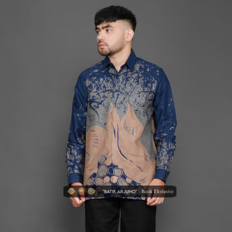 kemeja baju batik pria lapis furing ekslusive lengan panjang Daun Abstrak Navy Nude