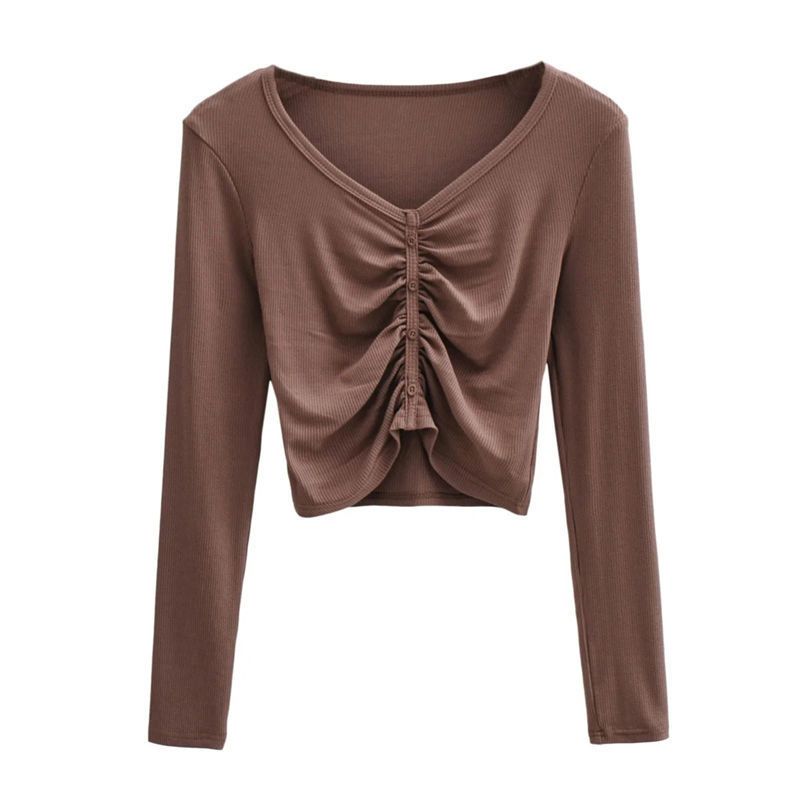 MISS'O BJ1691 Baju Atasan Kaos CropTop Knit Kancing Depan Serut Lengan Panjang Wanita Sexy Korea