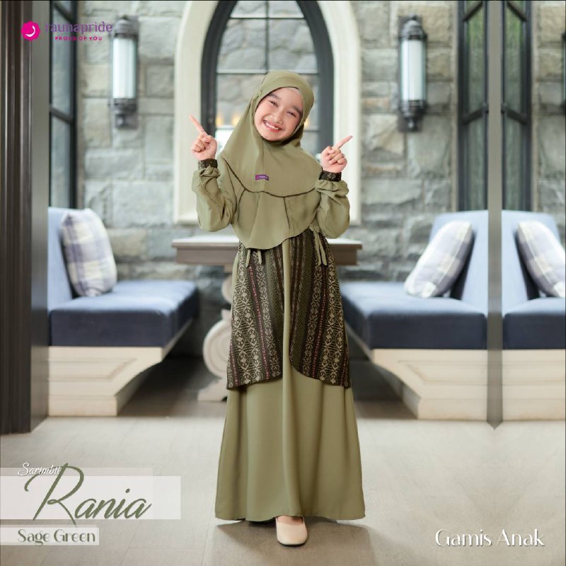 Rauna Sarimbit Rania Gamis Anak Perempuan Jasmin Tenun Sage Green Milo Set Hijab Variasi Pita Cute