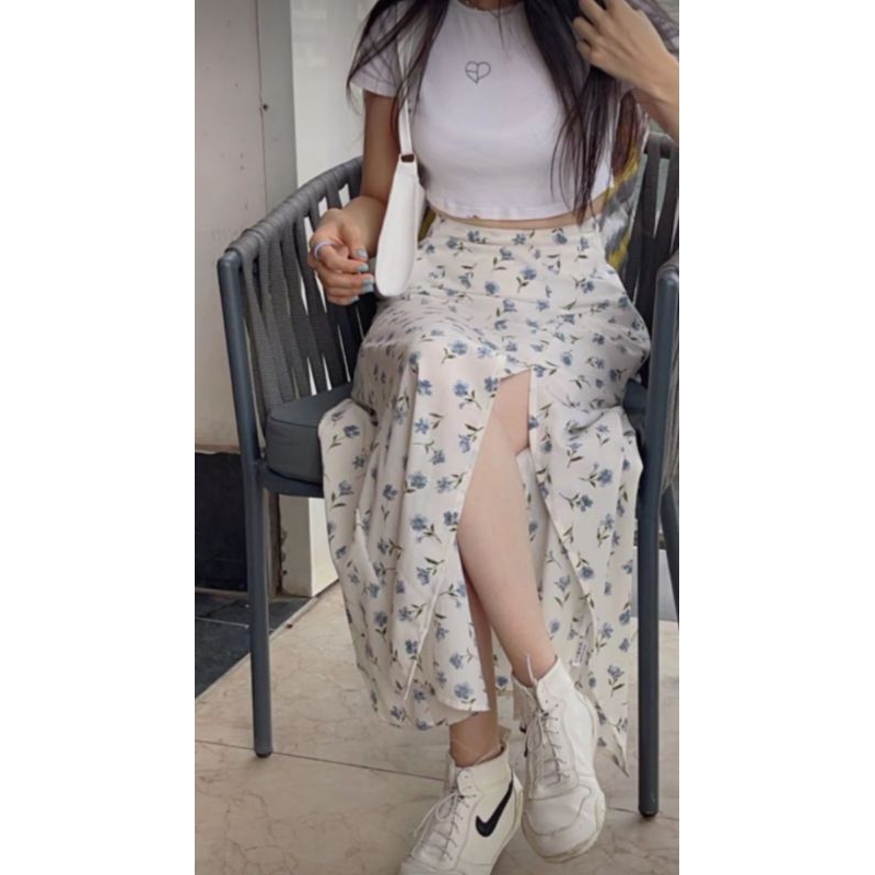Rok Belah Samping Panjang - Rok Motif Bunga - Rok Korean Style