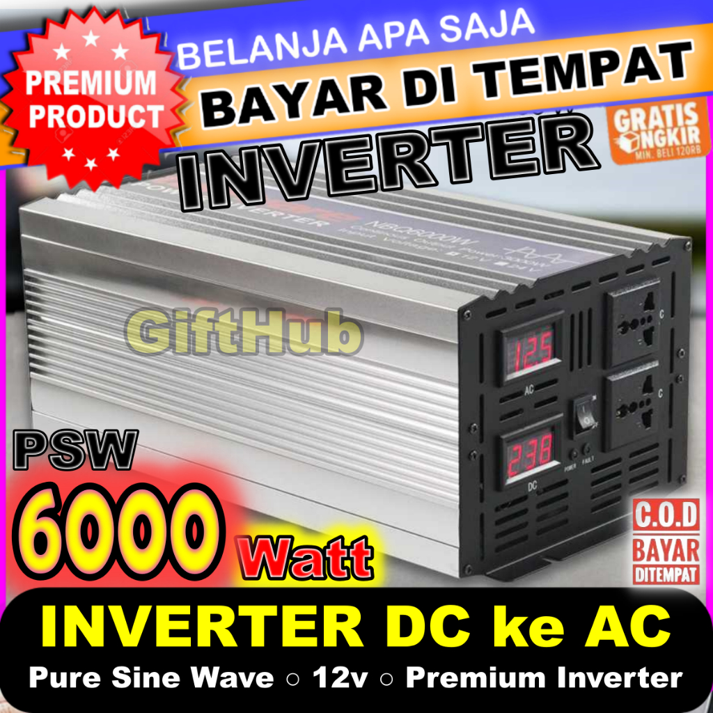Car Power Inverter With Pure Sine Wave DC 12V to AC 220V 6000W - 12V Digital Aki Battery Alat Elektr