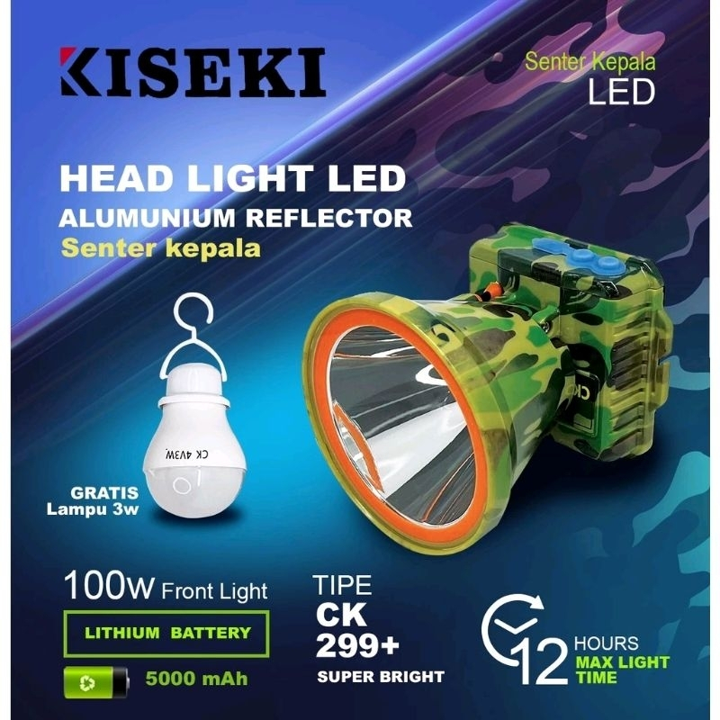 Senter Kepala LED Headlamp Kiseki 100 Watt Type CK 299+ Army Loreng Cahaya Putih Super Terang Batera