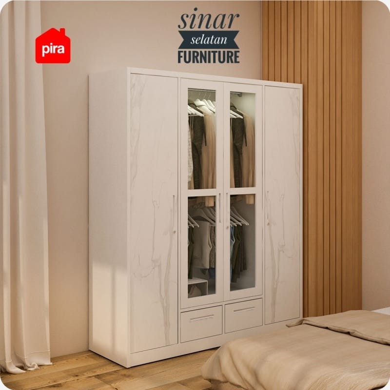 Lemari pakaian besi 4pintu sleding door marble