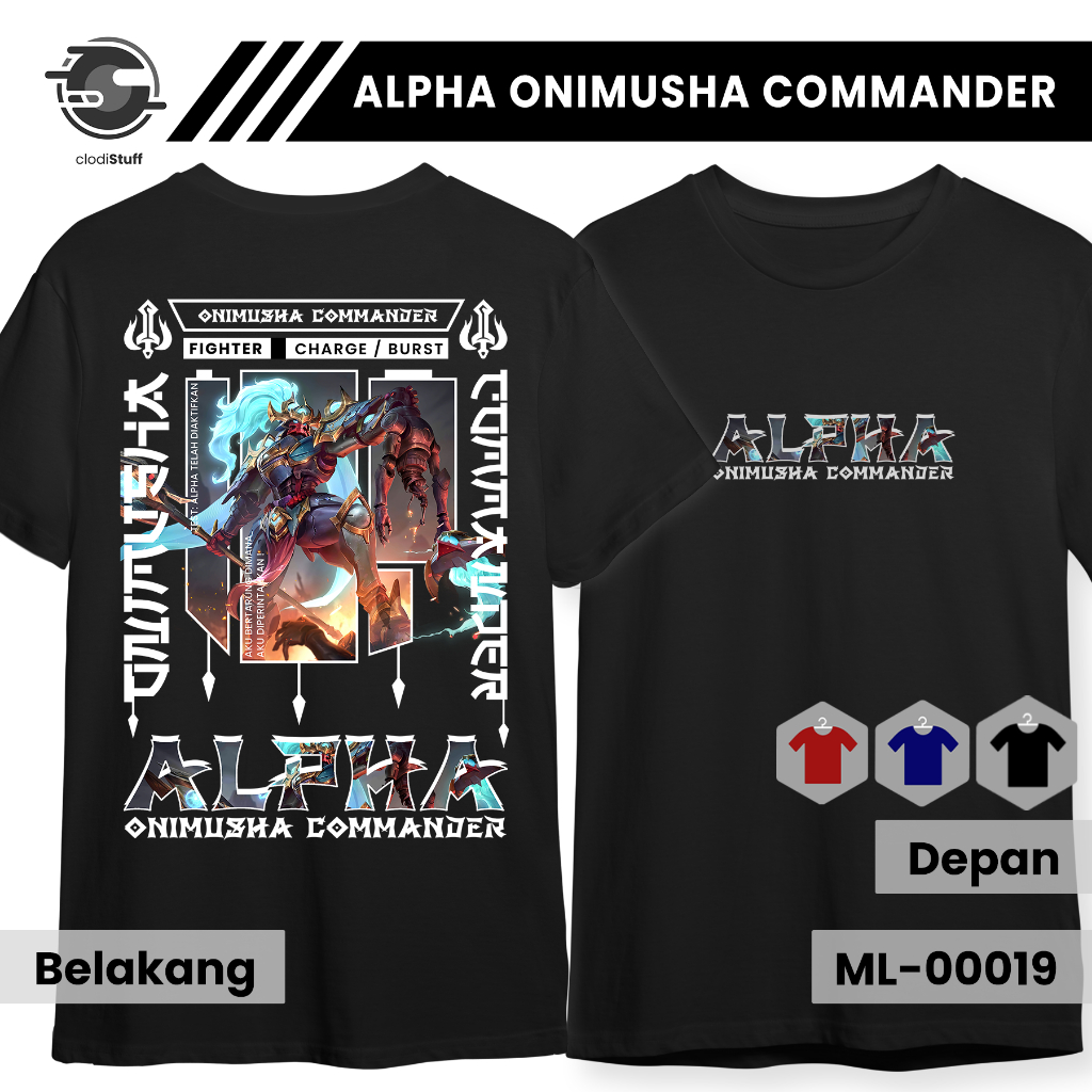 Kaos MLBB ALPHA EPIC Skin ONIMUSHA COMMANDER Mobile Legends Lengan Pendek Hitam Combed 24s ML