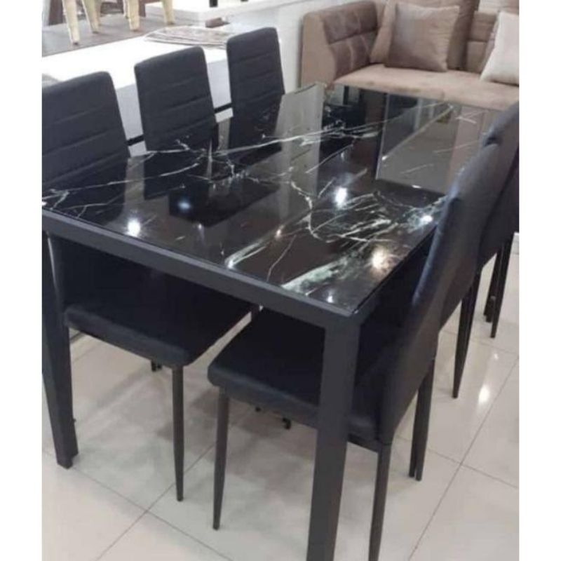 Meja Makan Kaca Motif Marmer Impor 6 Kursi / Dining Table Set 6 Kursi