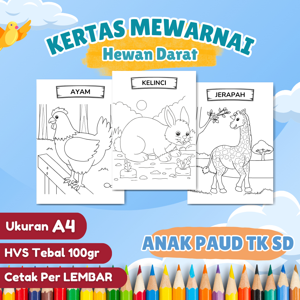 

LEMBAR KERTAS MEWARNAI ANAK PAUD TK SD / KERTAS COLORING PAGES / Gambar Sketsa A4 - Tema Hewan Darat
