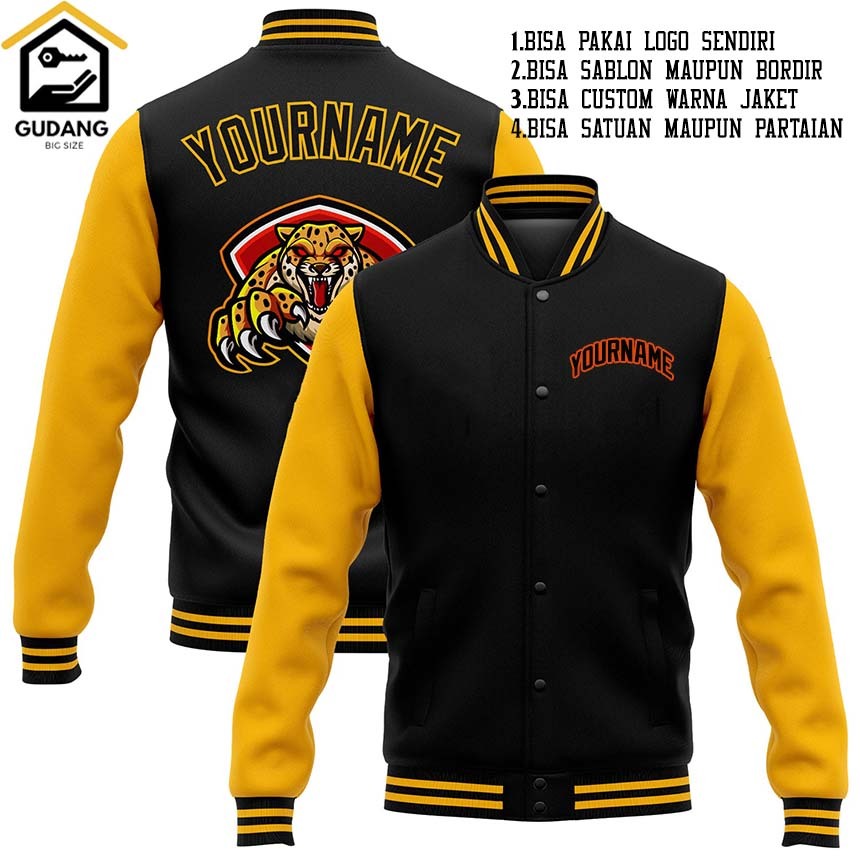 JAKET BOMBER VARSITY CUSTOM DEPAN BELAKANG.JAKET VARSITY CUSTOM S-6XL WARNA HITAM-KUNING