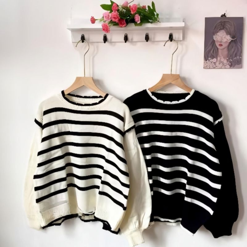 Seweater Cardigan Atasan Sweater Knit Rajut Stripe Lengan Balon Baju Blouse Rajut Premium Wanita Ove