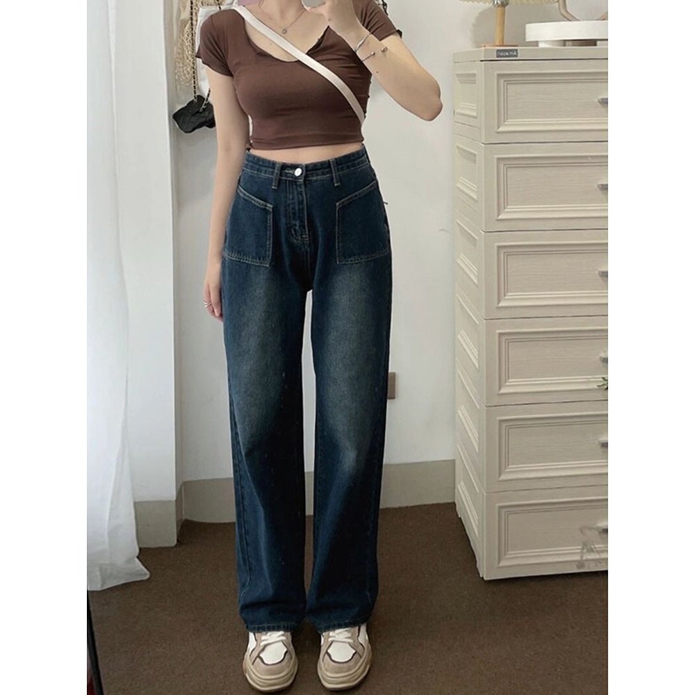 Celana Jeans Wanita Highwaist Kulot Jeans Saku Depan Retro Korean Style Terbaru Kekinian