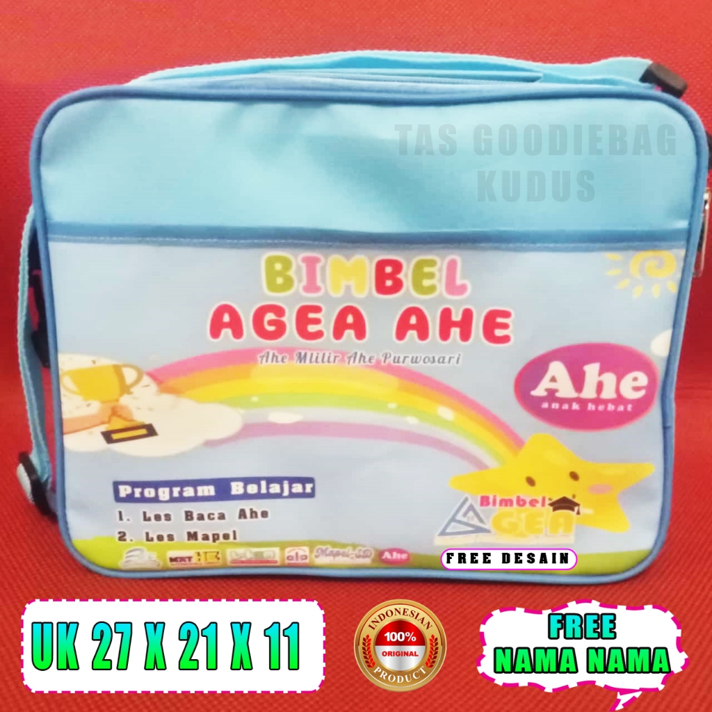 

AA Tas Ultah Anak Custom Nama dan Foto Tas Bimbel AHE Slempang Lepas Kantong Depan Poliester D300