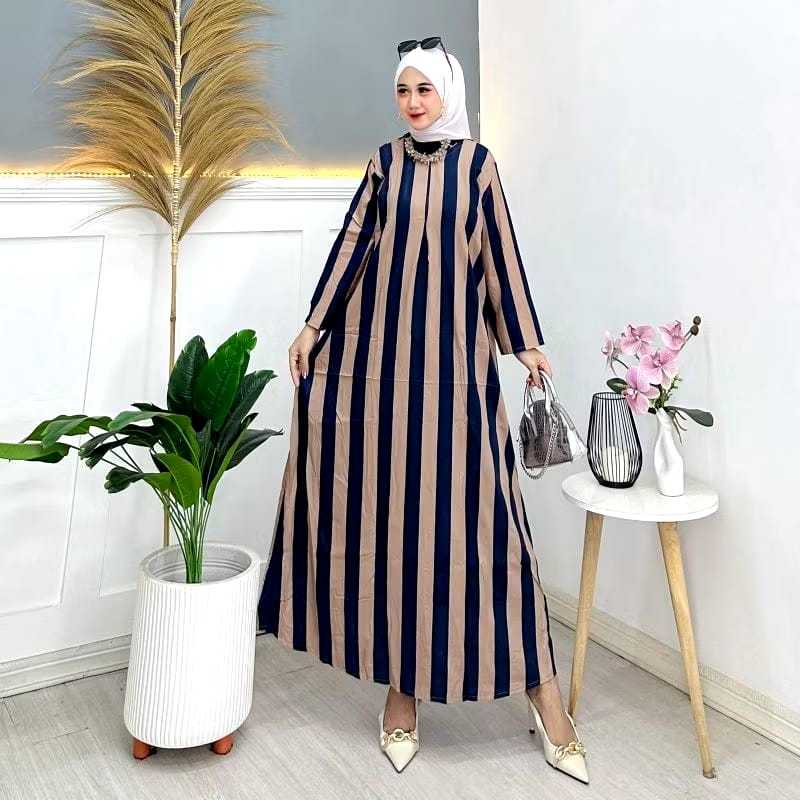 Midi Dress Gamis Motif Salur Resleting Depan Pollycotton Terbaru