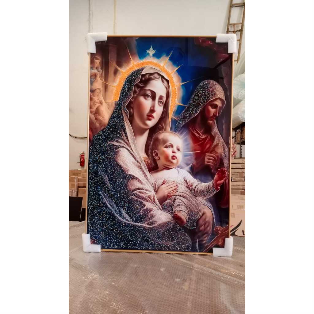 Lukisan Dinding Diamond Crystal Painting 5 D Bentuk Persegi Frame Warna Gold / Black Gambar Bunda Ma