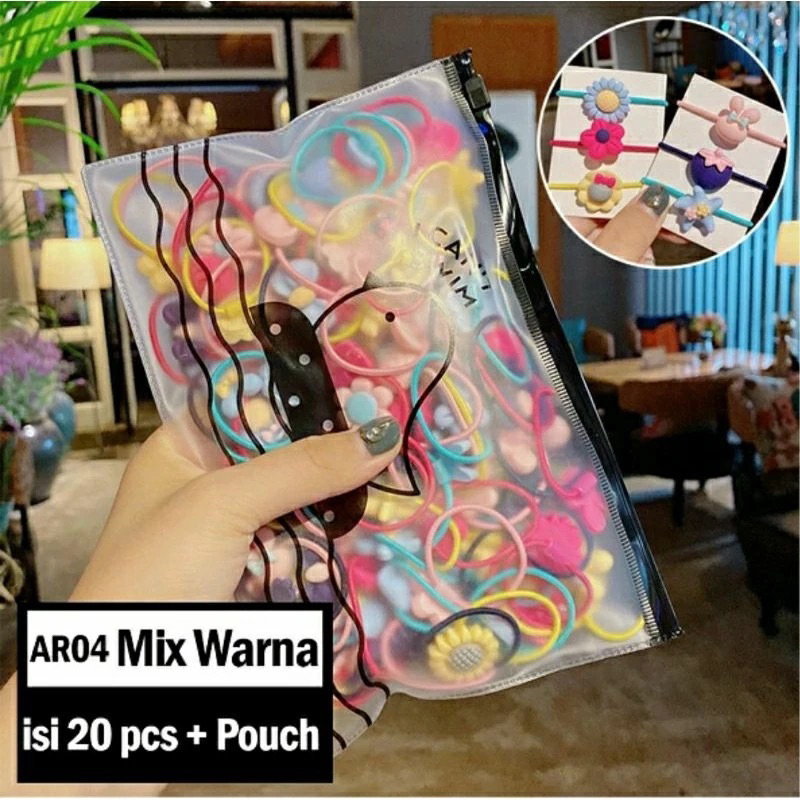 Ikat rambut anak isi 20pc free pouch karet kucir kuciran kuncir kunciran ikatan tali gelang hairtie 