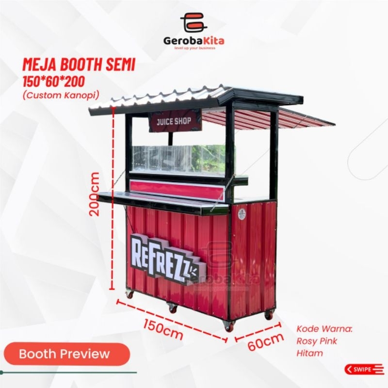 meja booth semi ukuran 150x60x200 custom neon box dan rak buah