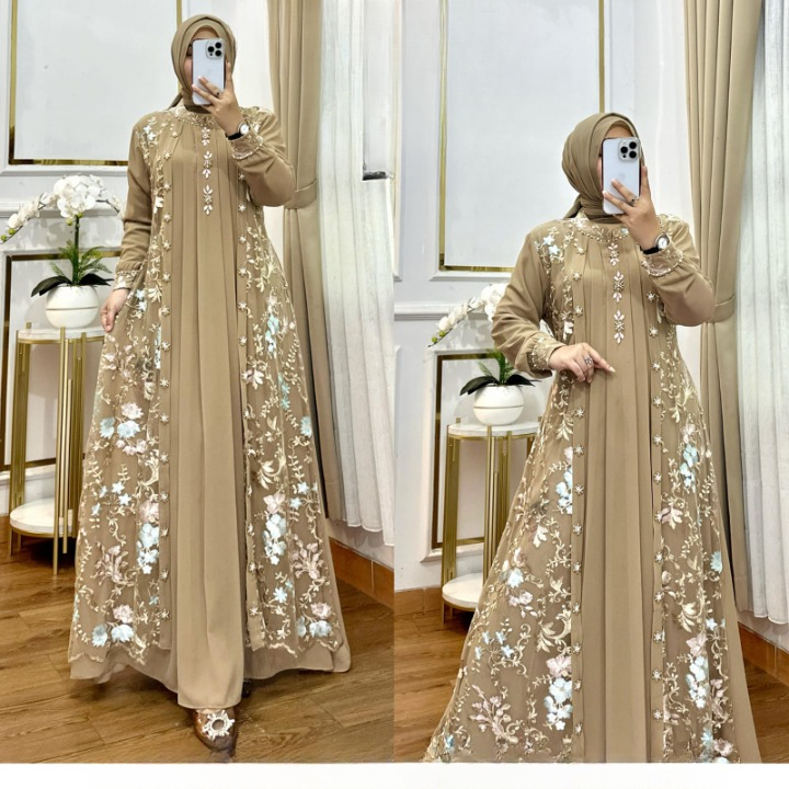 Gamis Wanita Pesta Mewah Elegan Misela Dress BO Bahan Bahan Brukat ataau Tille Bordir Timbul Warna P