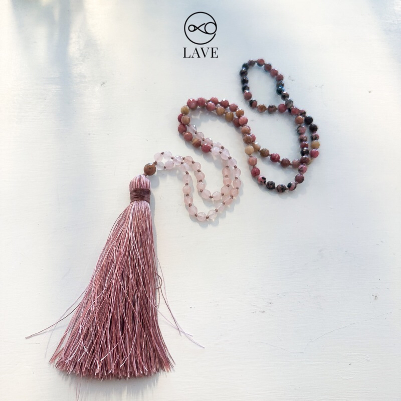 Tassel Rhodonite Rose Quartz Rhodochrosite Crystal 108 Beads Mala Necklace