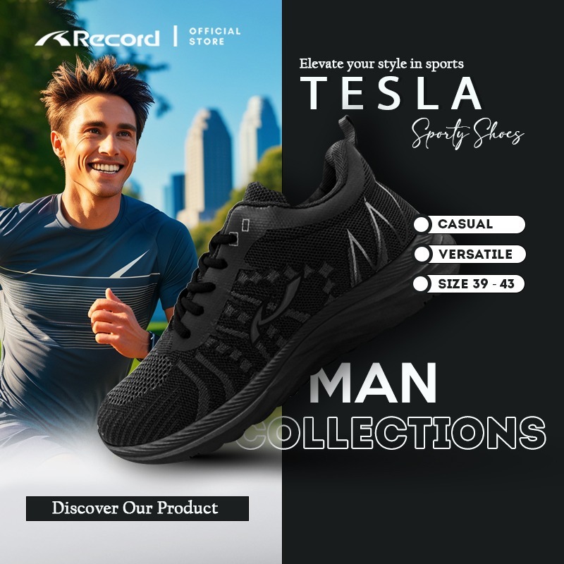 RECORD TESLA SEPATU REMAJA/PRIA HITAM/PUTIH FASHION/KASUAL/OLAHRAGA 39-43 MODEL TALI SEMI RUNNING