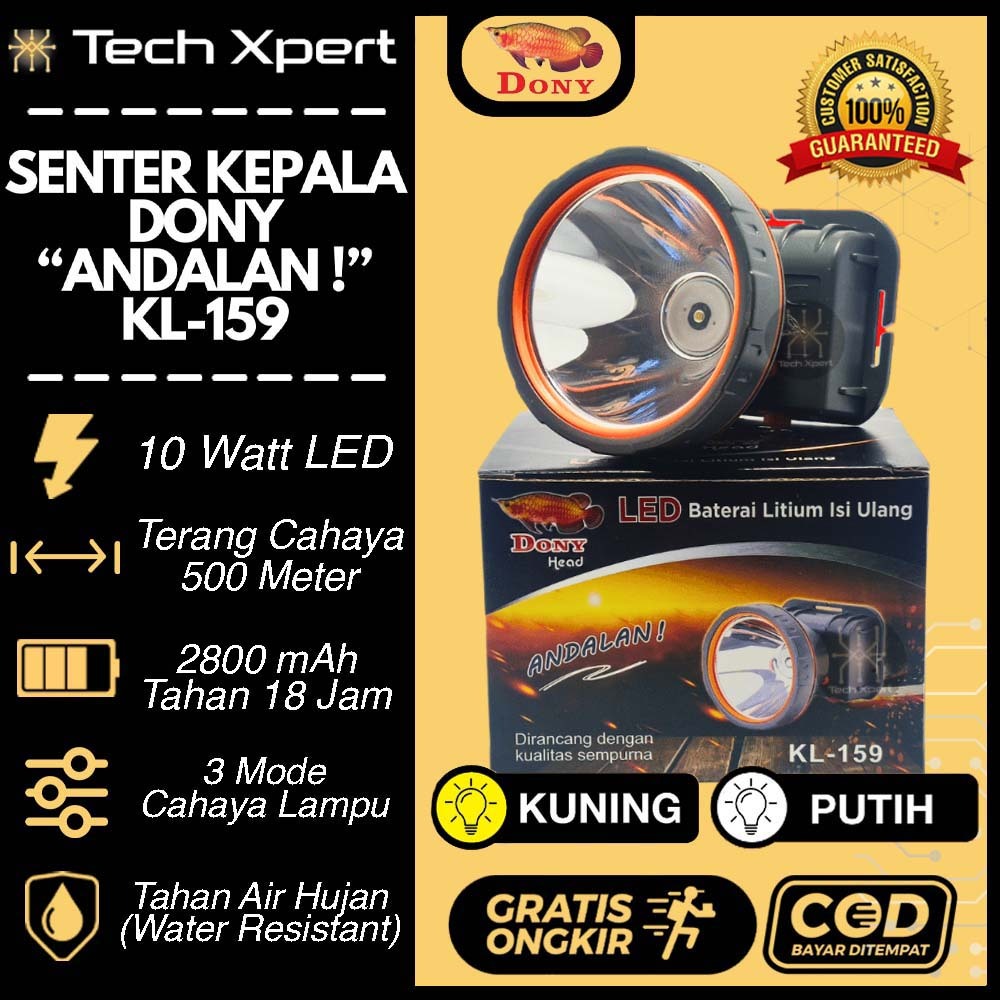 SENTER KEPALA LED DONY 10 WATT KL-159 "ANDALAN" ORI SUPER TERANG ANTI AIR OUTDOOR UKURAN SEDANG