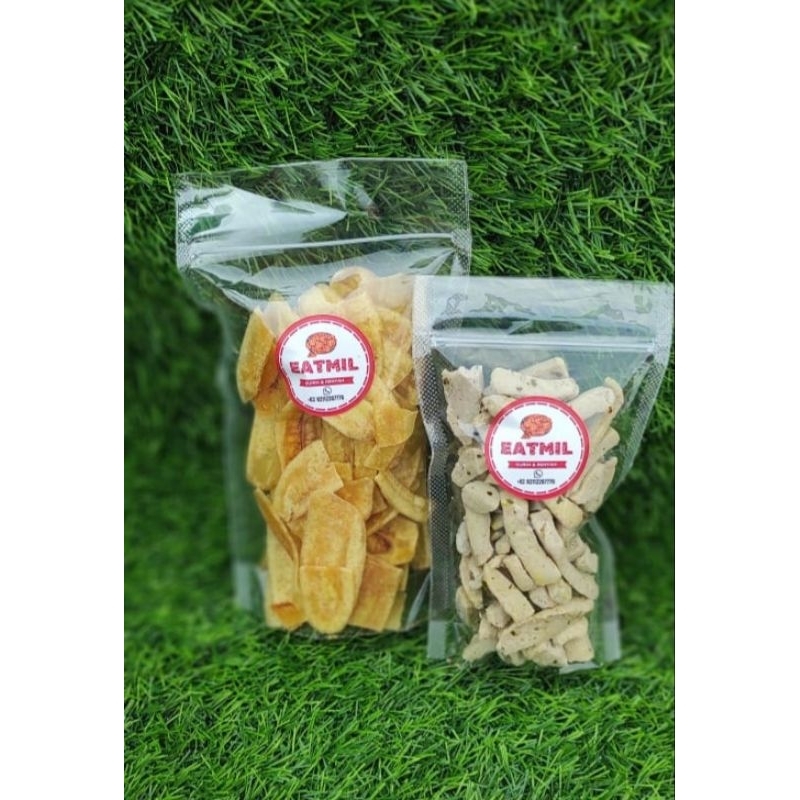 

Jajanan cemilan paket bundling keripik pisang gurih asin 50gr dan basreng stik original 75gr