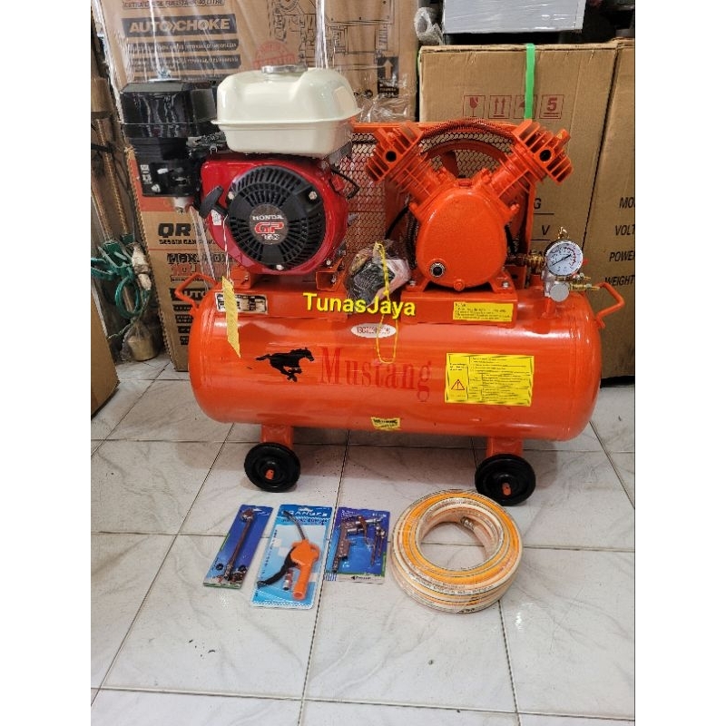 Kompresor Angin 1/2HP MUSTANG+Mesin Penggerak HONDA GP160 Komplit Selang 10Meter+Pentil Angin +Airdu