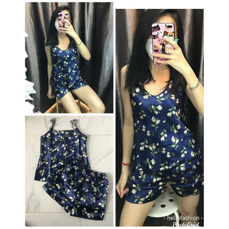 STELAN SEXY SATIN IMPORT SET SATIN TANPA LENGAN PIYAMA SATIN TALI 1