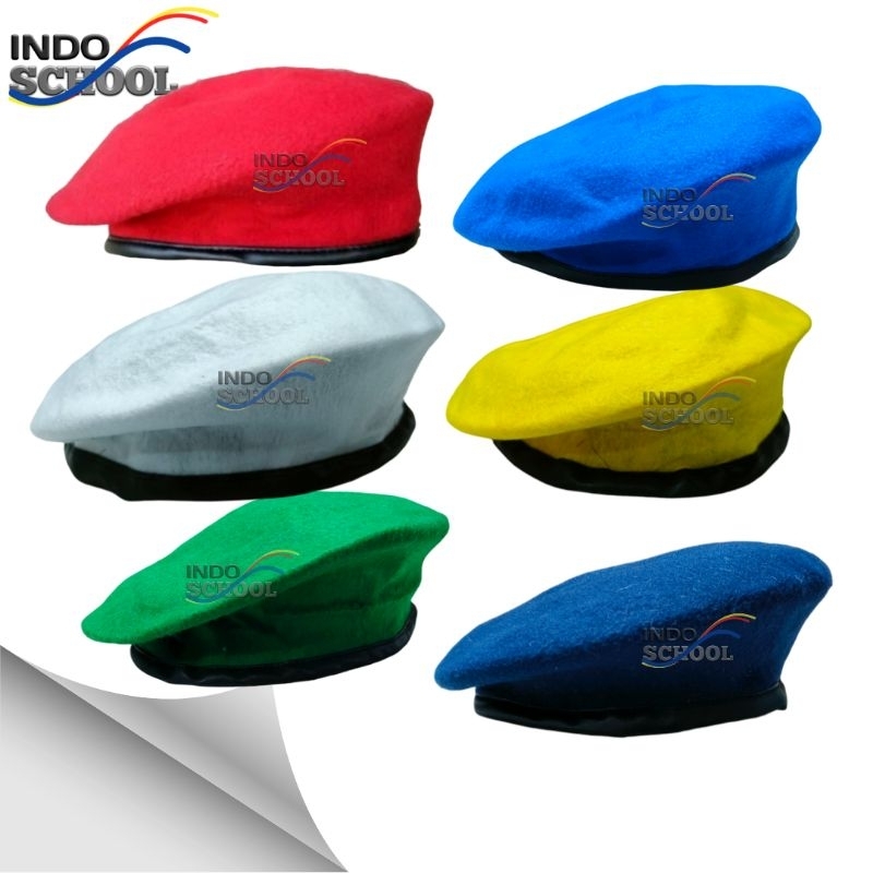 topi baret merah dan hijau bahan flanel, topi baret warna, kabaret wanita dan cewek cowok, baret ana