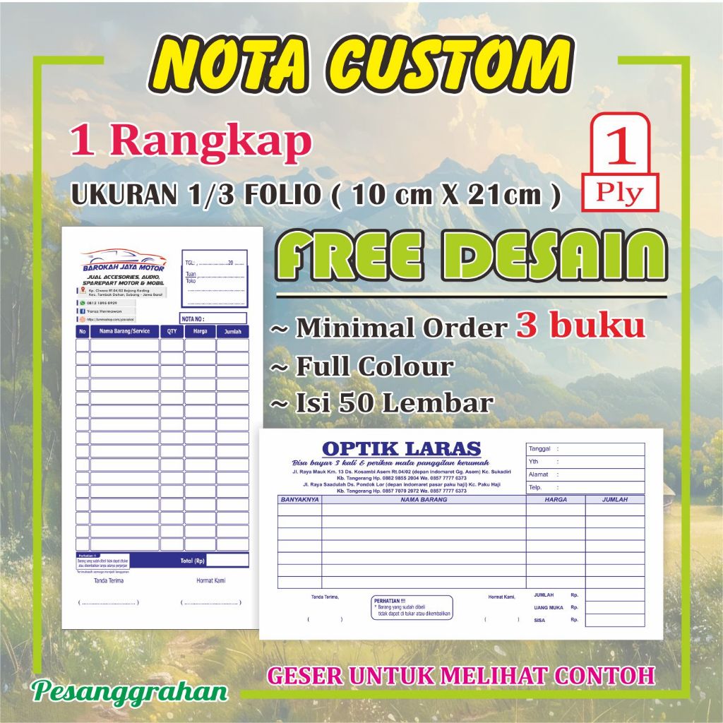 

cetak nota custom murah 1 ply ukuran sedang 1/3 folio