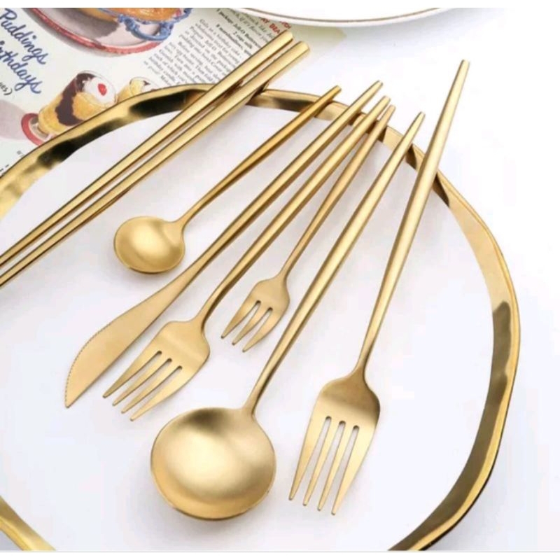 Sendok Garpu Stainless Steel Tebal Gold-Sendok Makan Gold / Set Alat Makan
