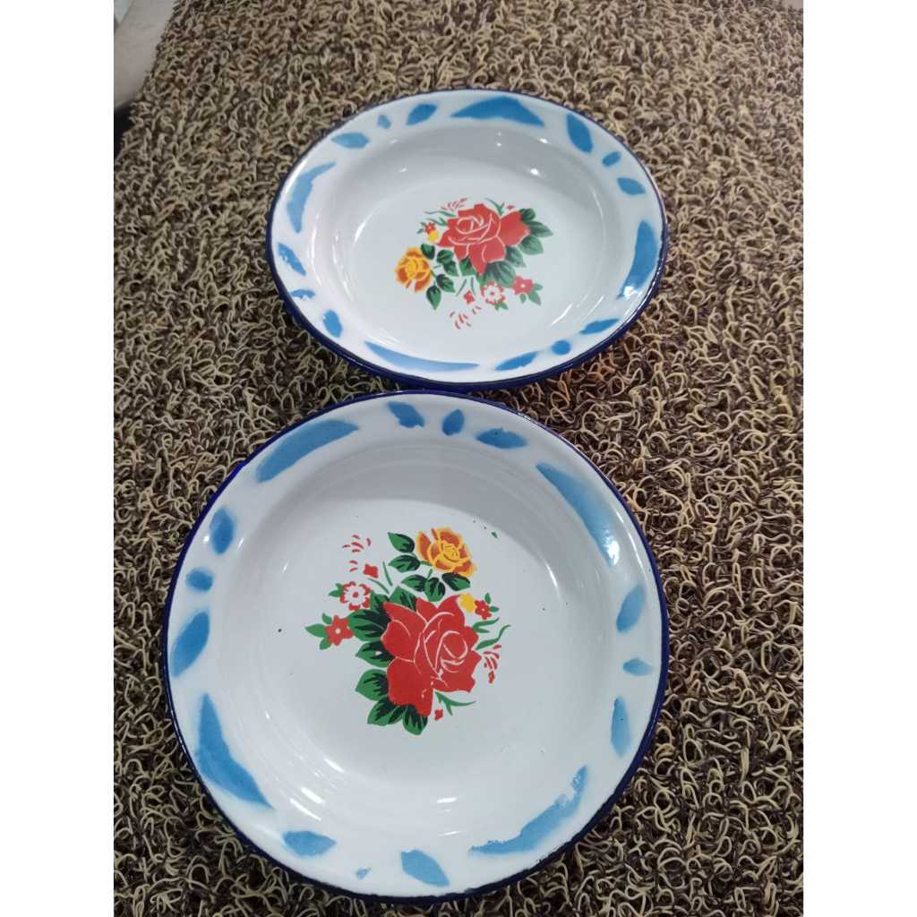 Piring Tatakan Gelas Seng Enamel Jadul Kembang 14cm – 12PCS Piring Enamel