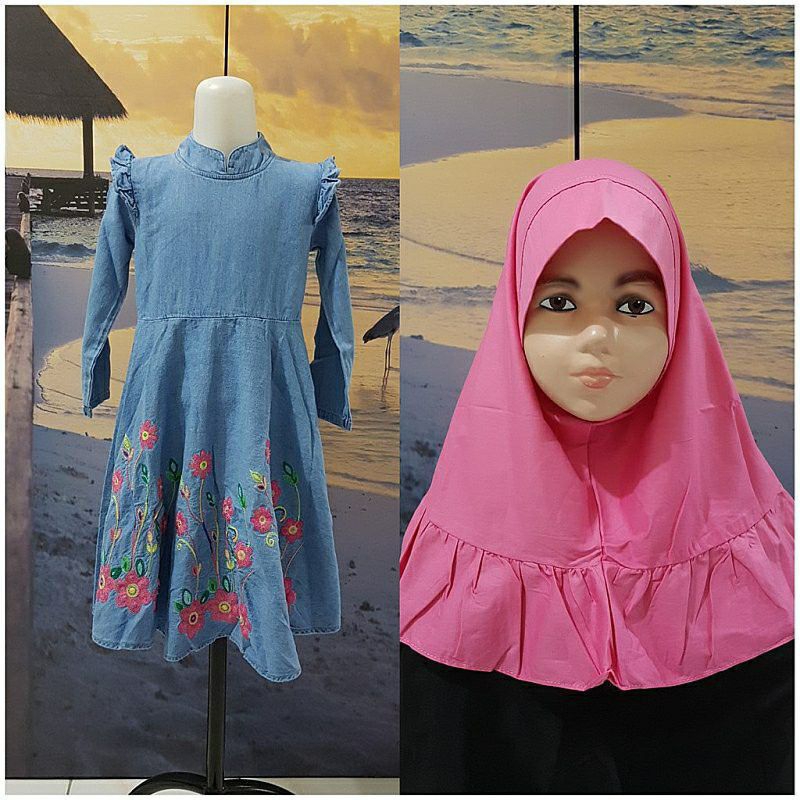 Gamis jeans lil rose anak/ dress jeans anak branded/ gamis jeans anak
