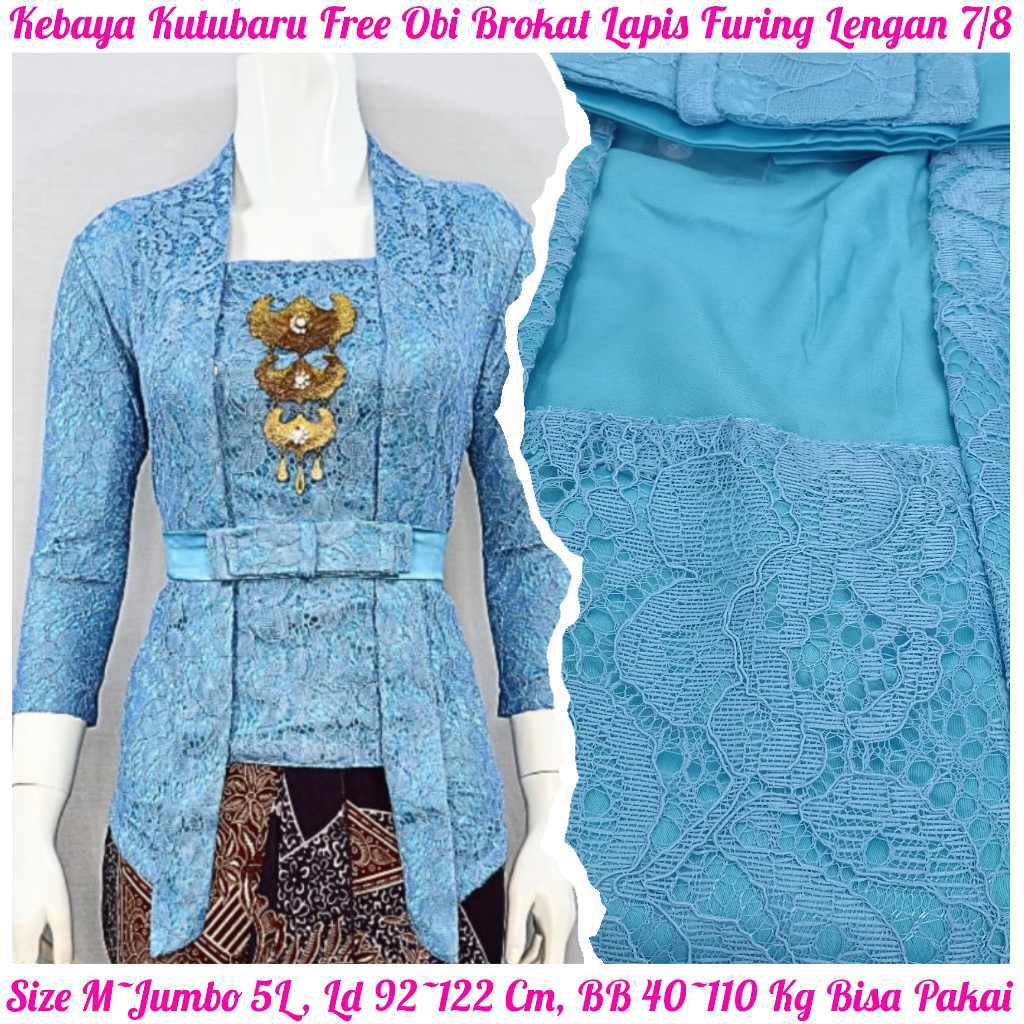 BIRU LIMITED ATASAN KEBAYA KUTUBARU FREE OBI LENGAN 7/8 BAHAN BROKAT SEMI PRANCIS LAPIS FULL FURING 