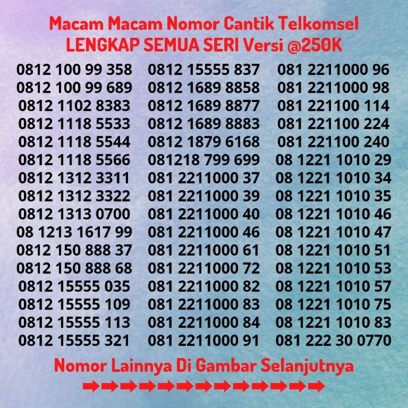 Nomor Cantik Telkomsel Kartu Perdana Simpati LENGKAP Semua Seri Versi Harga @250K - Nomer Cantik Ser