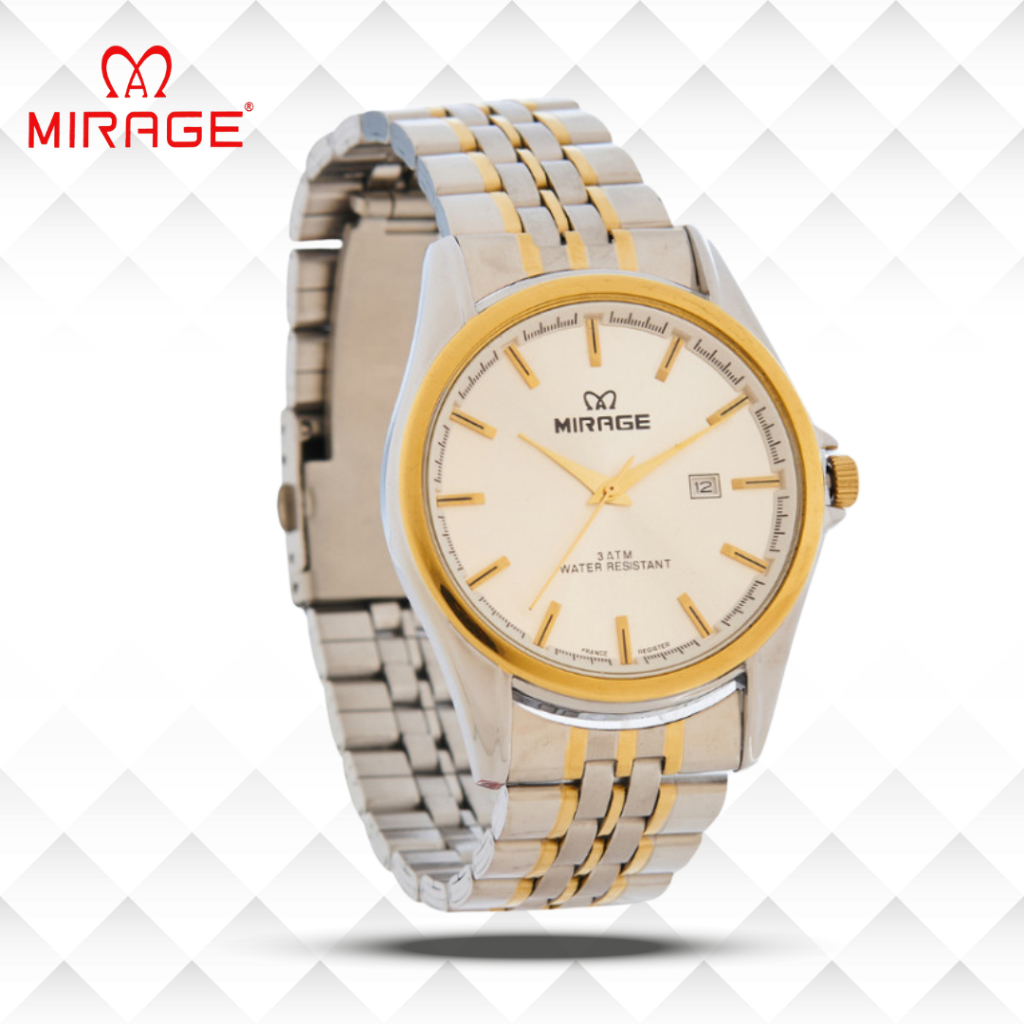 Mirage Jam Tangan Pria Analog 8709 M Silver Gold Original Stainless