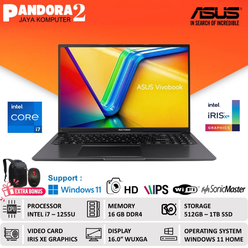 Laptop ASUS Vivobook 16 F1605ZA Core i7 1255U RAM 16GB 1TB SSD WUXGA IPs Win11 Baru