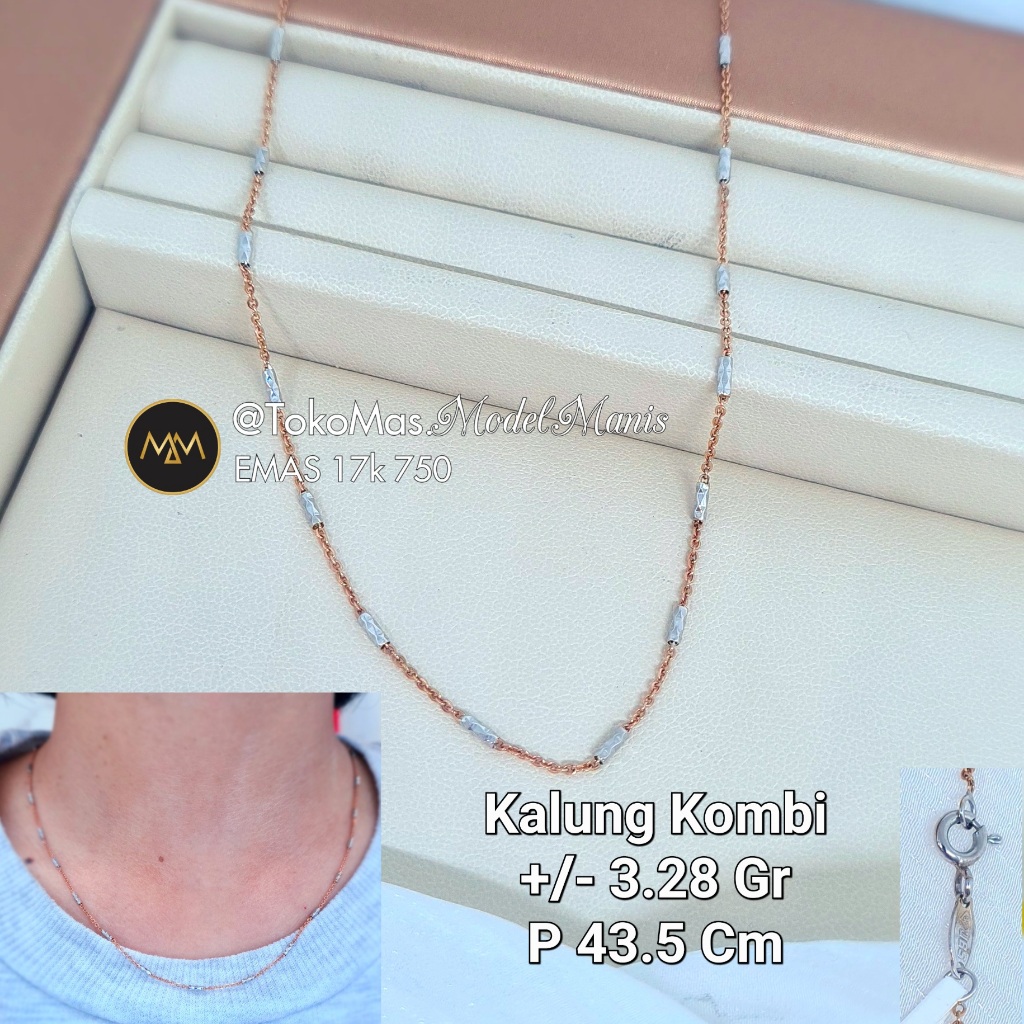 Kalung UBS Fashion nori emas putih kombinasi 3 warna 750 kadar 17 K